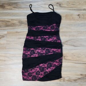 💜Sweet Storm Black & Rose Pink Ruched Spaghetti Strap Cocktail Dress Medium